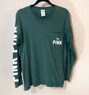 Victoria's Secret PINK Green Long Sleeve Tee Relaxed Fit Crew Neck thumbnail 1