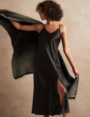 Banana Republic‎ Black Satin Side Button Slit Midi Slip Dress Womens 6 V-Neck thumbnail 1