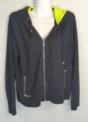 L-RL Lauren Active Black Lime‎ Green Hooded Full Zip Jacket Womens L Atheisure thumbnail 1