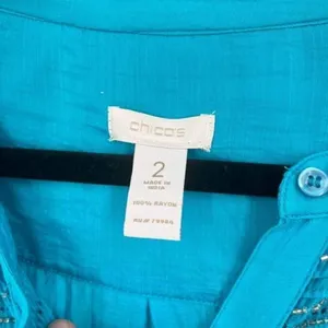 Chico’s Women's Pin Tuck Silver‎ Sequin Roll Tab Sleeves Blouse Turquoise large thumbnail 3