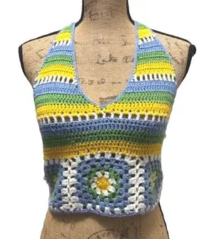 Pretty Garbage Crochet Halter Top Striped Granny Square Crop Top‎ Size Small thumbnail 1