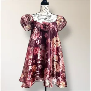 Lulus Red Floral Organza Mini Dress Puff Sleeve Rosette‎ Autumn Wedding Guest thumbnail 2