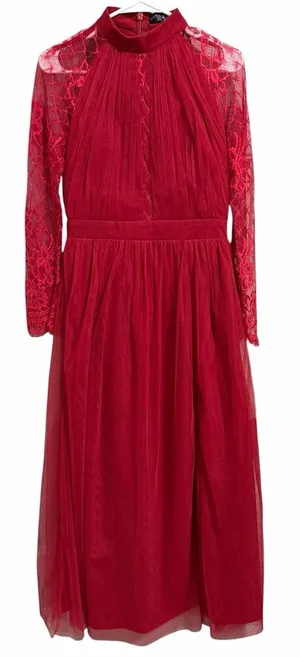 Little Mistress Lace Long Sleeve High Neck Maxi Dress‎ Red Women's Size 6 thumbnail 1