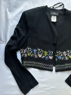 John Roberts VTG Y2k Black Embroidered Cropped Blazer Jacket S8 thumbnail 3