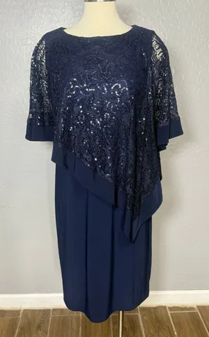 R & M Richards Sequined Cape Sheath Dress - Navy, 12 thumbnail 1