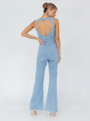 $98 NWT Selfie Leslie x ANGEL BIBA Teigan Heart Back Sleeveless Jumpsuit Denim thumbnail 2