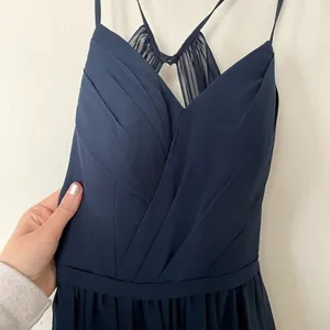 Azazie navy‎ blue long sleeved formal dress prom v-neck spaghetti straps size S thumbnail 2