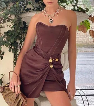 ZARA Bloggers Favorites Brown Topstiched Draped Dress thumbnail 1