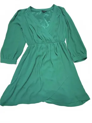 Innovation Femme Size L Kelly Green Faux Wrap Dress Puff Sleeve Elastic Waist thumbnail 1