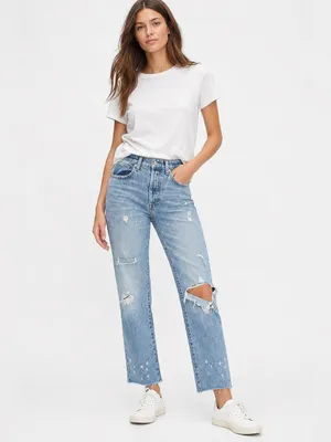 Gap 1969 Mid Rise Destructed Vintage Straight Jeans – Light Indigo – 0/25R thumbnail 4