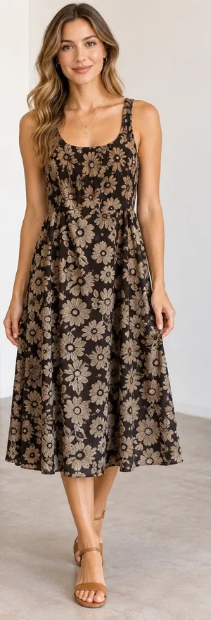 Melloday brown floral maxi sun dress adjustable lined Large boning smocking thumbnail 1