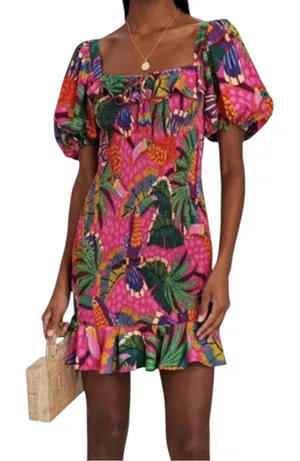 Farm Rio size large painted toucans Vibrant Tropical Puff-Sleeve Mini Dress thumbnail 1