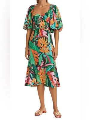 Farm Rio Puff-Sleeve Midi Dress Banana Leaf thumbnail 2
