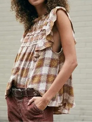FREE PEOPLE Not Your Average Girl Plaid Ruffle Top thumbnail 2