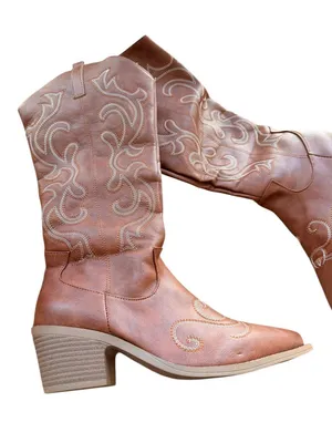 Western-Style Brown faux leather Cowboy Boots With Embroidered Design Side Zippe thumbnail 3