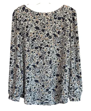 LOFT‎ Womens Blue White Floral Botanical Long Sleeve Blouse Keyhole Back Large thumbnail 1