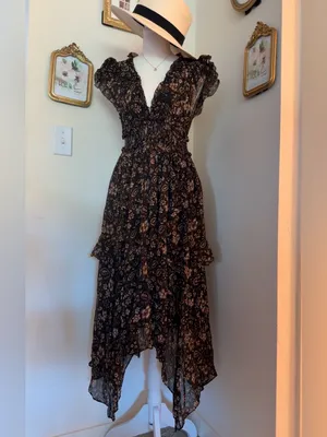 Ulla Johnson Black Floral Asymmetrical Midi Dress 100% Silk thumbnail 2