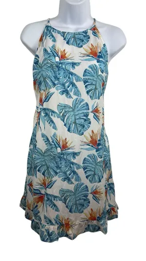 Roxy Halter Sleeveless Tropical Beach Palm Leaf Floral Mini Dress XS NWT thumbnail 1