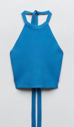 Zara Ribbed Halter Top Blue thumbnail 1