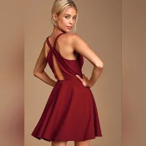 Lulus NWT Wonder Whirl Wine Red Twist Back Skater Dress Size Small thumbnail 3