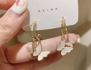 18K Gold Butterfly Pendant Hoop Earrings thumbnail 1