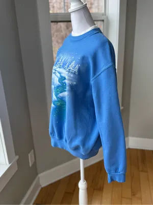 Vintage 80s 90s Cottagecore Blue Winter Scene Sweatshirt Rhinestone Accents Sz M thumbnail 2