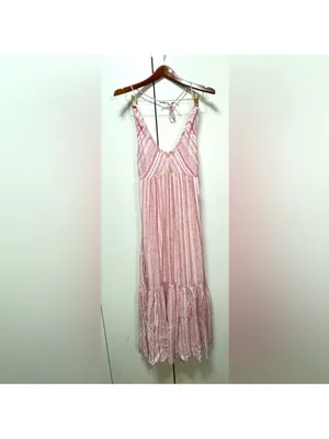 Free People Audrey Halter Maxi Dress Pink Striped Tie Back S thumbnail 6