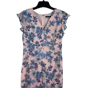 Tommy Hilfiger Pink Blue Floral Sheer Overlay Midi Dress Flutter Sleeve V-neck 6 thumbnail 2
