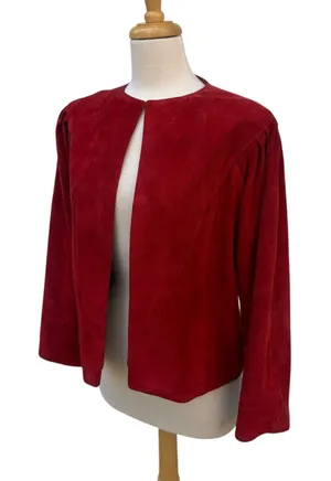 VTG 80s Suede Leather Jacket M Red Open Front Pleated Shoulder Bold Chic Casual thumbnail 1