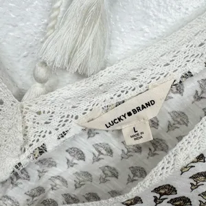 Lucky Brand Blouse Size L White Floral Crochet Trim Patterned Boho Babydoll Top thumbnail 7