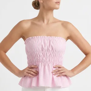 Shein Pink White Striped Smocked Tube Top Lace Up Back Peplum XL thumbnail 1