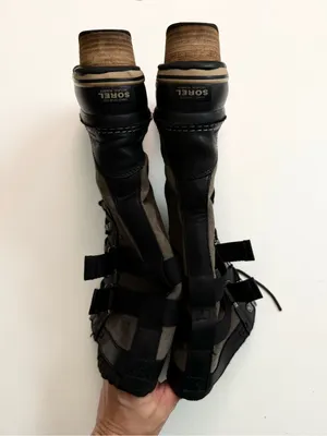 Sorel Boots Conquest Carly Leather Tall Lace Up Buckles Moto Olive Green Black thumbnail 7