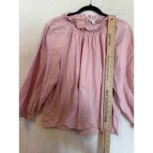 J.Crew Pink White Striped Smocked Ruffle Neck Blouse Women Large Balloon Sleeve thumbnail 3