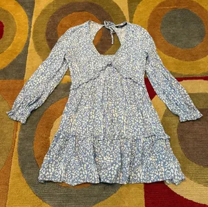 Zara Women Blue White 3/4 Sleeve Ruffle Mini Dress Tie Back Cutout Size Small thumbnail 1