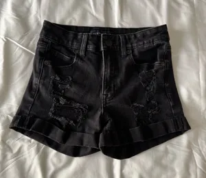 Black Destroyed High Rise Midi Jean Shorts thumbnail 1