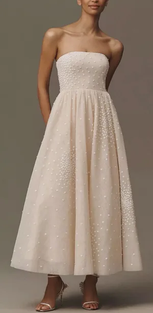 BHLDN Anthropologie Strapless Embellished Floral Fit & Flare Midi Dress Blush M thumbnail 1