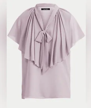 Ralph Lauren Tie-Neck Crinkle Georgette Cape Blouse in Light Purple, Size XL NWT thumbnail 2