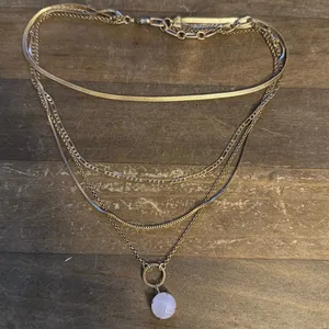 Gold tone multi layered chain rose quartz pendant necklace thumbnail 3