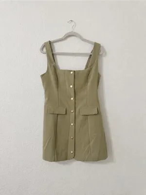 NWT Showpo Kenna Mini Dress Sage Square Neck Gold Button Size US 8 thumbnail 2