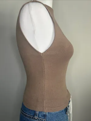 Zara Sleeveless Ribbed Cotton Blend Knit Mock Neck Tank Top - Taupe Brown thumbnail 3