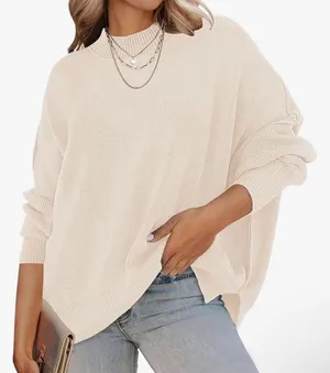 Women's Cream Oversized Crewneck Sweater - Casual Relaxed Fit thumbnail 1
