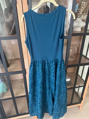 NWT Amazon eyelet maxi dress teal sleeveless drop waist midi pockets cotton thumbnail 3