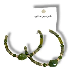 Free People Bom Bom Island Beaded Bohemian Half Hoops in Green NWT Beach thumbnail 1