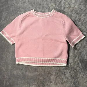 Abercrombie The Madeline Crewneck Knit Boxy Sweater Barbie Pink & White Small #1 thumbnail 3