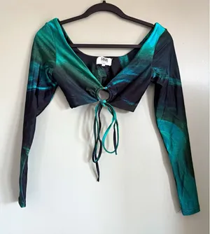 Farai London Olina Top Women's Green/Black Abstract V-Neck Tie Front Crop Top S thumbnail 1
