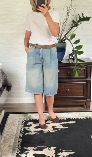 Light Wash Denim Bermuda Shorts High Rise Original Design Carpenter Belt NWT M thumbnail 2