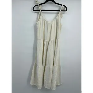 Time and Tru Womens Ivory Stripes Tiered Midi Dress Tie Tassel Strap NEW Large thumbnail 2