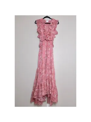 MISA Nastasha Maxi Dress L Ruffle Side Cut Out Floral Tiered Sleeveless Sheer thumbnail 4