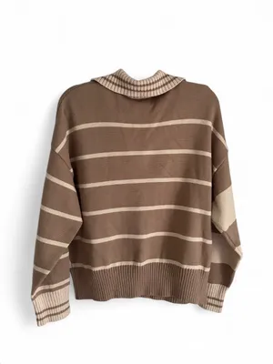 Entro Striped Collared Pullover Sweater Beige & Brown Polo Collar Knit Top Sz L thumbnail 2