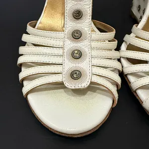 ESCADA Ivory White Leather Crystal Studded T-Strap Wedge Sandals Size 37 1/2 thumbnail 16